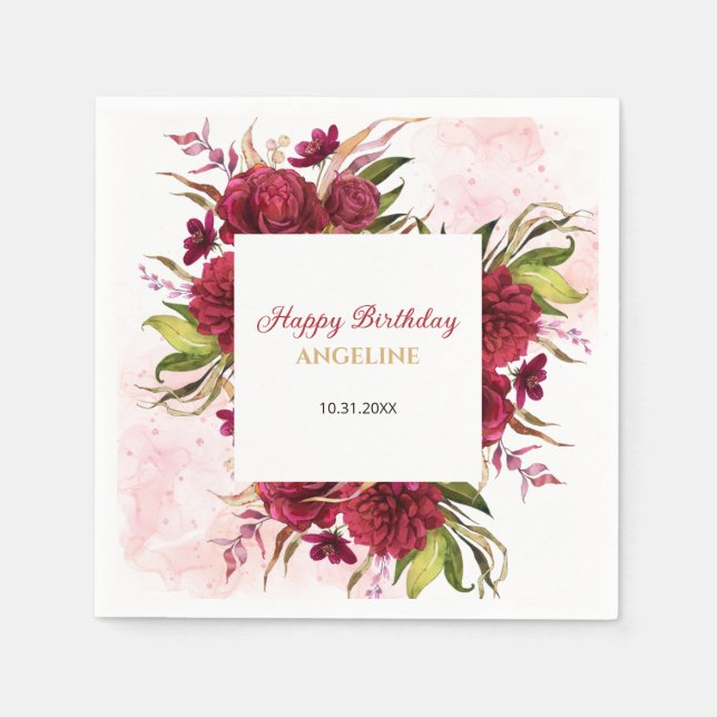 Pink Splash Burgundy Dahlia Rose Geburtstag Serviette (Vorderseite)