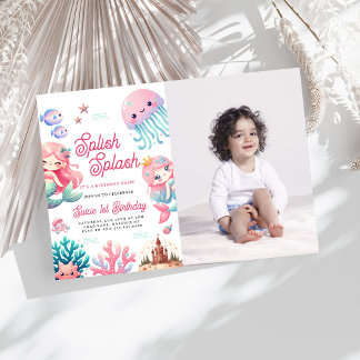 Pink Splish Splash Mermaid Girl Birthday Party Einladung