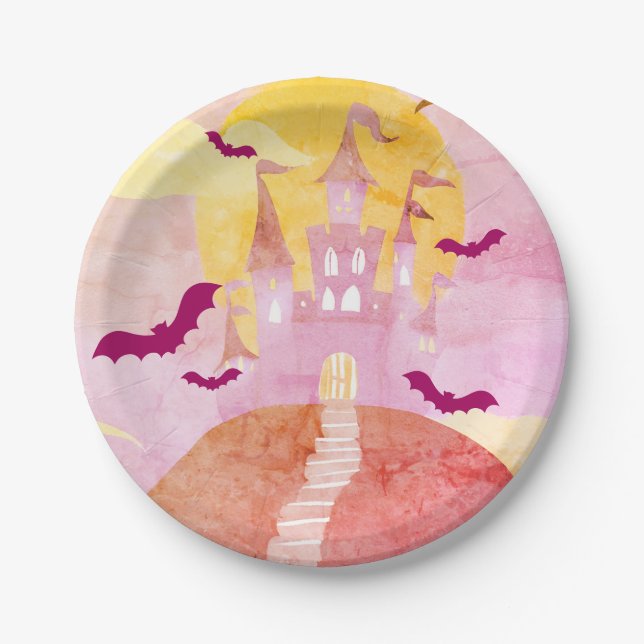 Pink Spooky Castle auf dem Hügel Halloween-Party Pappteller (Vorderseite)