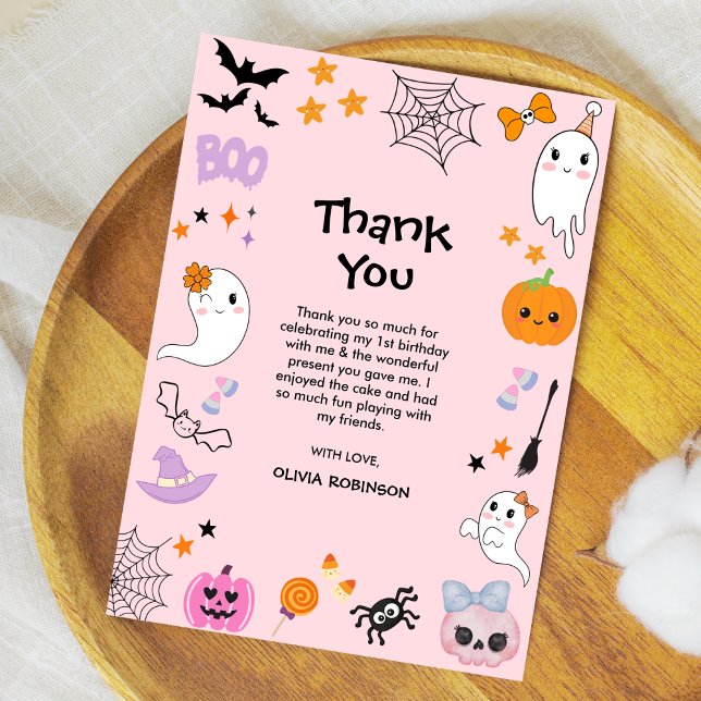 Pink Spooky Ein Niedliches Geisterhaus 1. Geburtst Dankeskarte (Pink Spooky One Cute Ghost Girl Halloween 1st Birthday Thank You Card )