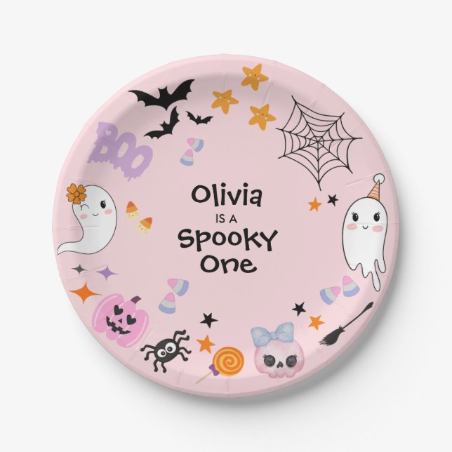 Pink Spooky Ein Niedliches Geisterhaus 1. Geburtst Pappteller (Vorderseite)