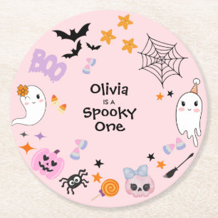 Pink Spooky Ein Niedliches Geisterhaus 1. Geburtst Runder Pappuntersetzer