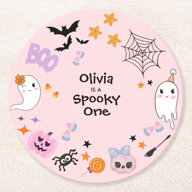 Pink Spooky Ein Niedliches Geisterhaus 1. Geburtst Runder Pappuntersetzer (Vorderseite)