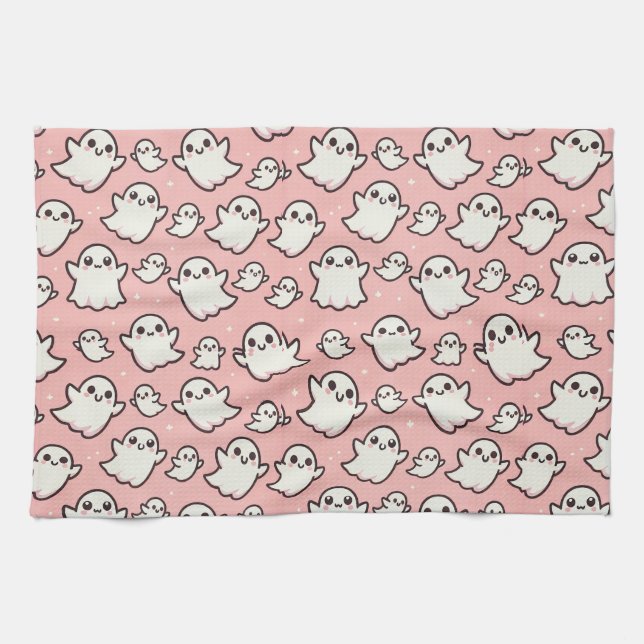 Pink Spooky Ghost Pattern Halloween Geschirrtuch (Horizontal)