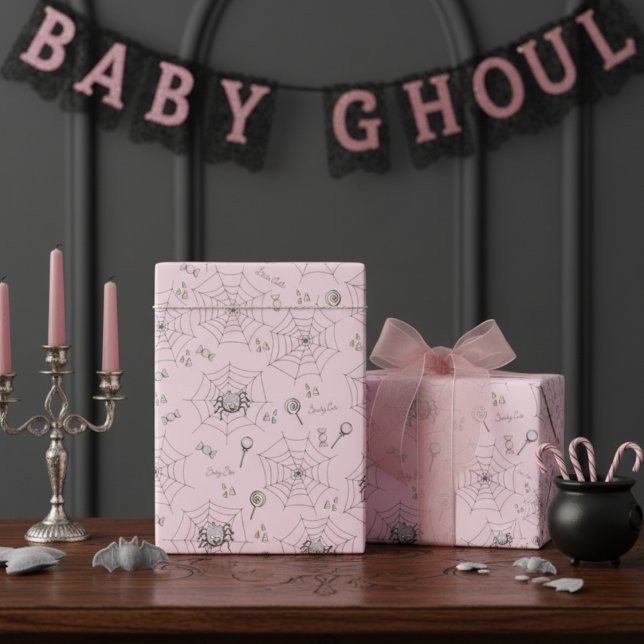Pink Spooky Niedliche Babyspinnen, Webs & Bonbons Geschenkpapier (Spooky Cute Baby Spiders Halloween Girl Baby Shower Wrapping Paper. Pink Spiders & Webs Pattern)