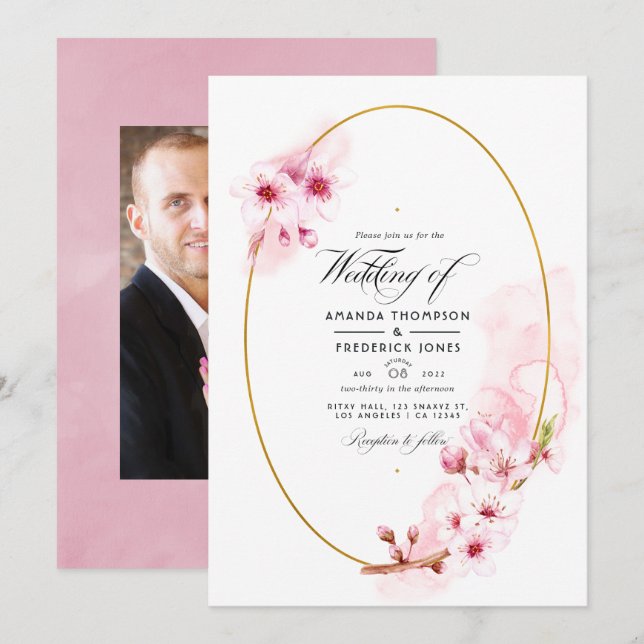 Pink Spring Cherry Blossom Wedding Foto Einladung (Vorne/Hinten)