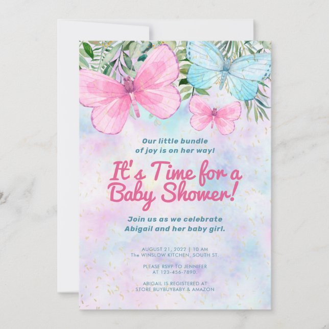 Pink Sprinkle Butterfly Girl Babydusche Einladung (Vorderseite)