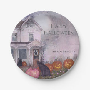 Pink Spuk House Black Cat Custom Halloween Pappteller