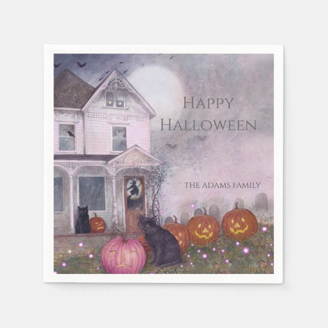 Pink Spuk House Black Cat Custom Halloween Serviette (Vorderseite)