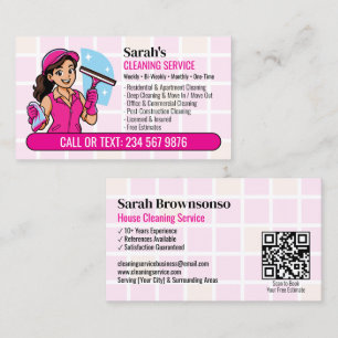 Pink Squeegee Fensterreinigung QR Cartoon Mädchen Visitenkarte