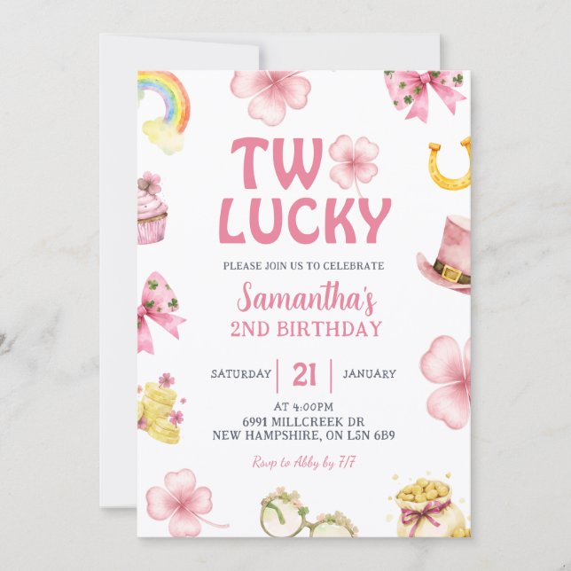 Pink St Patrick Two Lucky Birthday Invitation (Devant)