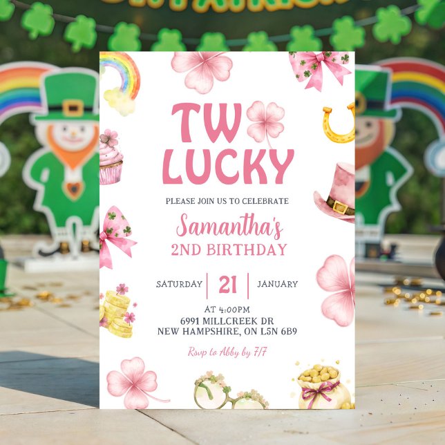 Pink St Patrick Two Lucky Birthday Invitation Einladung (Von Creator hochgeladen)