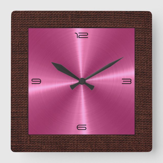 Pink Stainless Steel Modern Burlap Border Quadratische Wanduhr (Vorderseite)