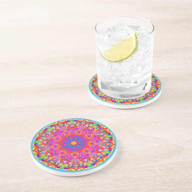 Pink Star Mandala Colorful Sandstone Untersetzer (Seite)
