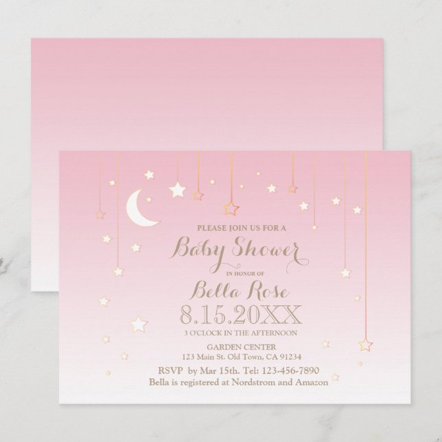 Pink star moon bébé fille baby shower invitation (Devant / Derrière)
