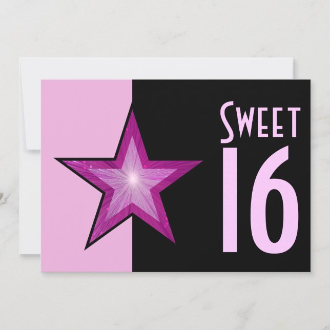 Pink Star 'Sweet 16' hellrosa schwarz Einladung (Vorderseite)