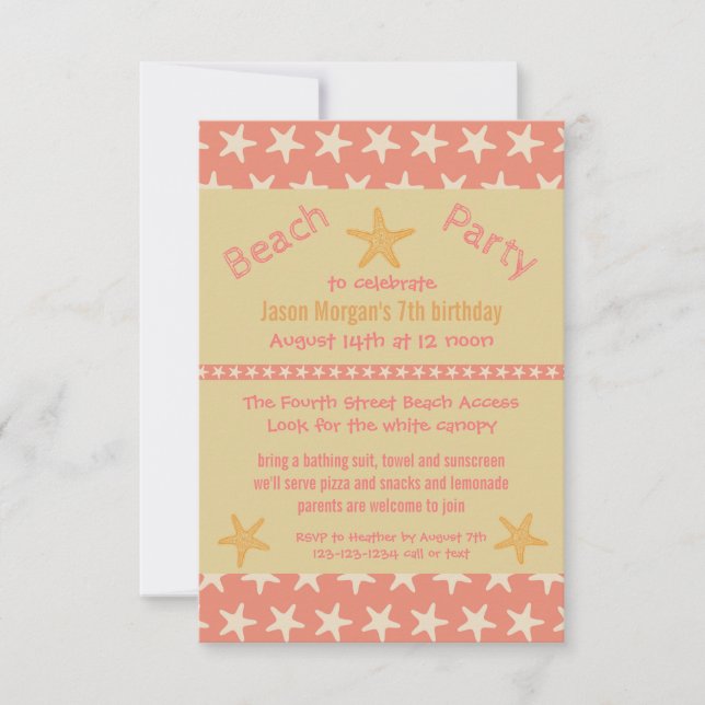 Pink Starfish Beach - 3x5Geburtstagsparty Einladun Einladung (Vorderseite)