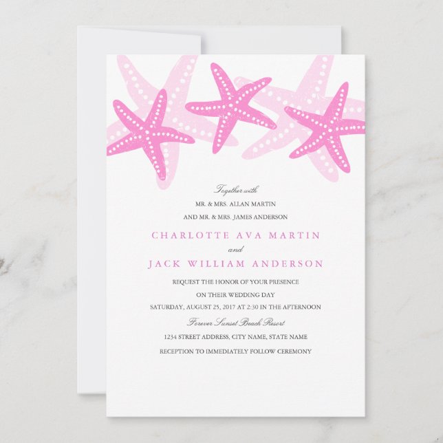 Pink Starfish Beach Mariage Invitation (Devant)