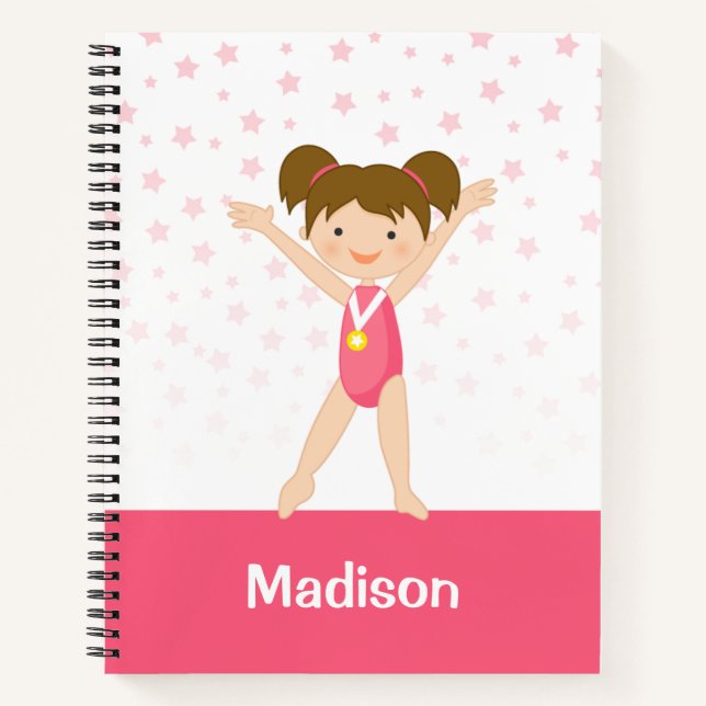 Pink Stars Brünett Girl Gymnastik Personalisiert Notizbuch (Vorderseite)