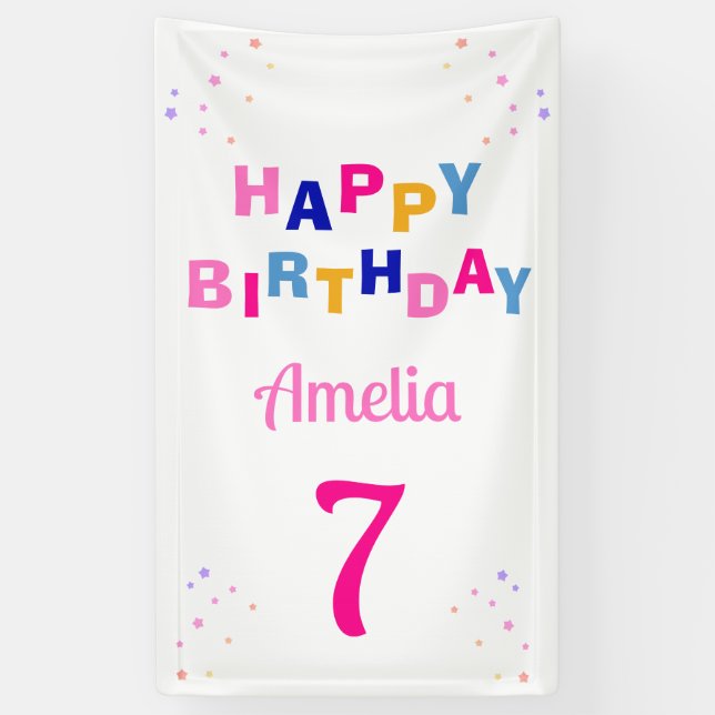 Pink Stars Girl Happy Birthday Banner (Vertikal)