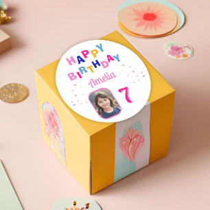 Pink Stars Happy Birthday Party Girl Foto Runder Aufkleber