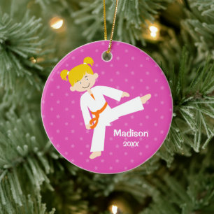 Pink Stars Taekwondo Blonde Girl Personalisiert Keramik Ornament