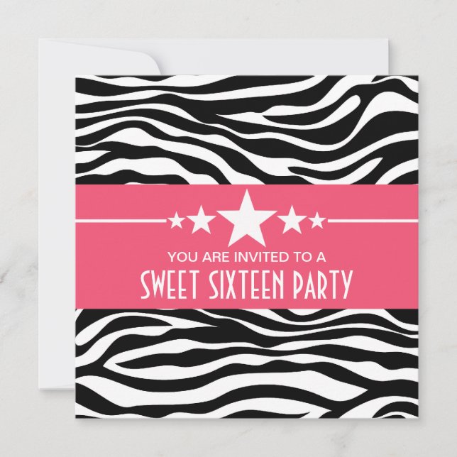 Pink Stars Zebra Print Sweet 16 Einladung (Vorderseite)