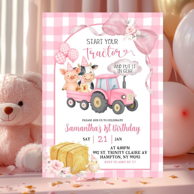 Pink Start Your Tractor Farm Animals Birthday Einladung (Von Creator hochgeladen)