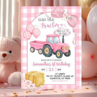 Pink Start Your Tractor Farm Theme Girl Birthday Einladung