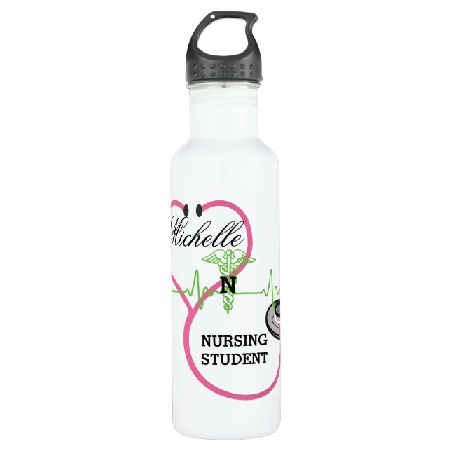 Pink Stethoscope Nursing Student Name Edelstahlflasche (Vorderseite)