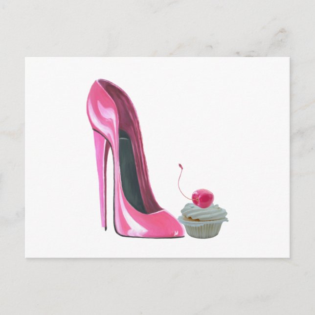 Pink Stiletto Shoe und Cupcake Postkarte (Vorderseite)