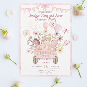 Pink Stomp und Roar Dinosaur Geburtstag Einladung