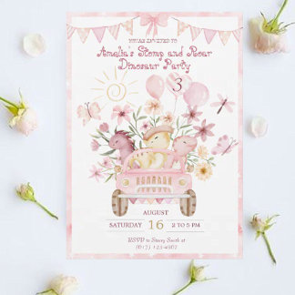 Pink Stomp und Roar Dinosaur Geburtstag Einladung