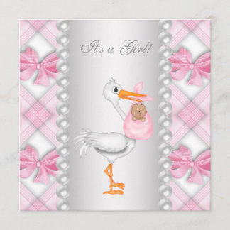 Pink Stork African American Baby Girl Dusche Einladung