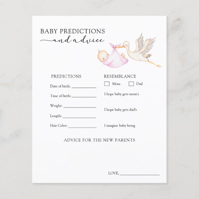 Pink Stork Baby Advice and Predictions Card (Vorderseite)