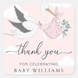 Pink Stork Baby Dusche Danke Quadratischer Aufkleber
