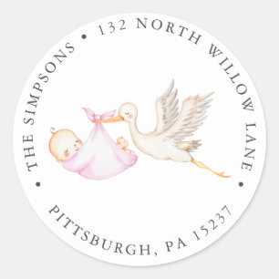 Pink Stork Baby Dusche Rücksendeadresse Runder Aufkleber