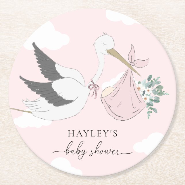 Pink Stork Baby Dusche Runder Pappuntersetzer (Vorderseite)