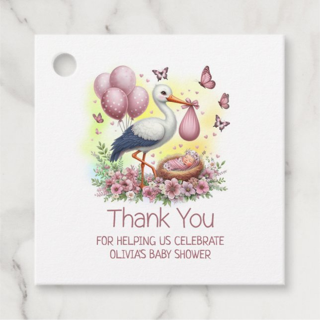 Pink Stork Baby Girl Babydusche Danke Geschenkanhänger (Vorderseite)