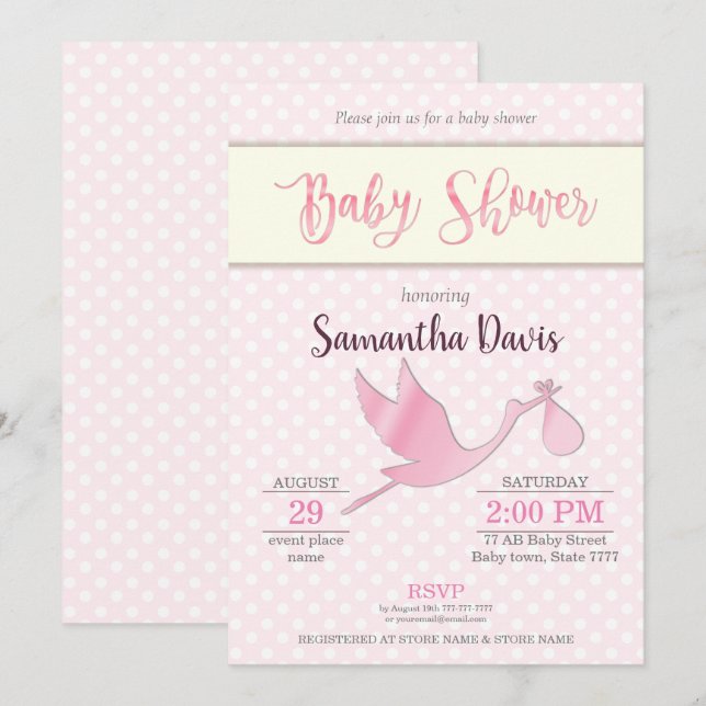 Pink Stork Baby Girl Babydusche Einladung (Vorne/Hinten)