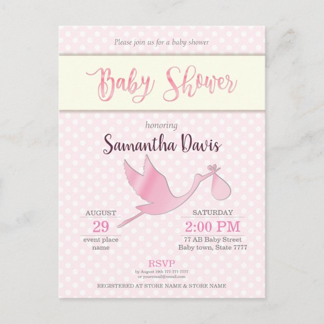 Pink Stork Baby Girl Babydusche Einladungspostkarte (Vorderseite)