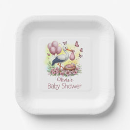 Pink Stork Baby Girl Babydusche Pappteller