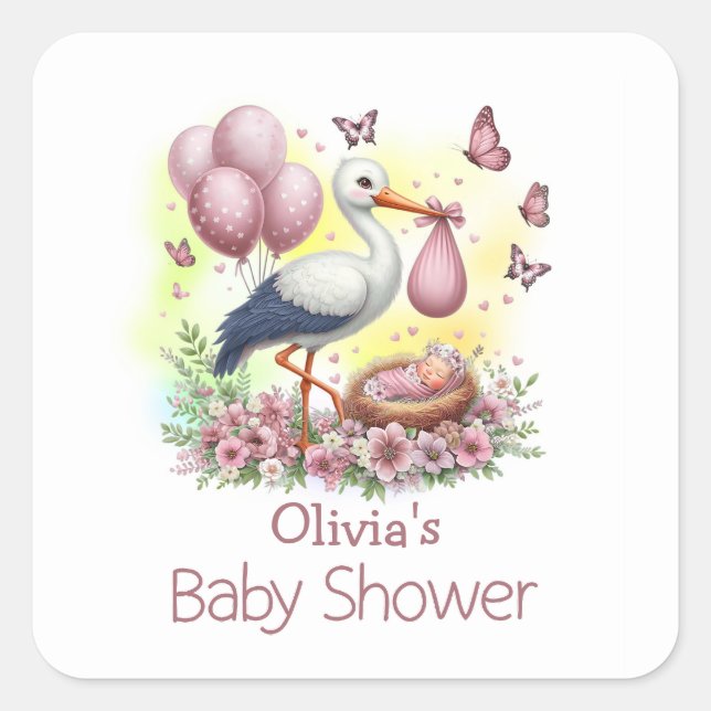 Pink Stork Baby Girl Babydusche Quadratischer Aufkleber (Vorderseite)