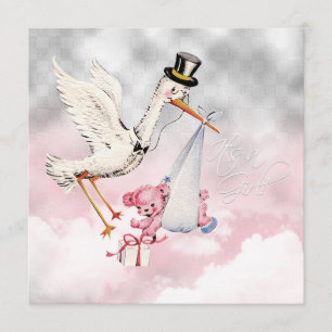 Pink Stork Baby Girl Dusche Einladung