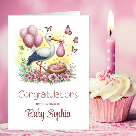 Pink Stork Baby Girl Gratulation Karte