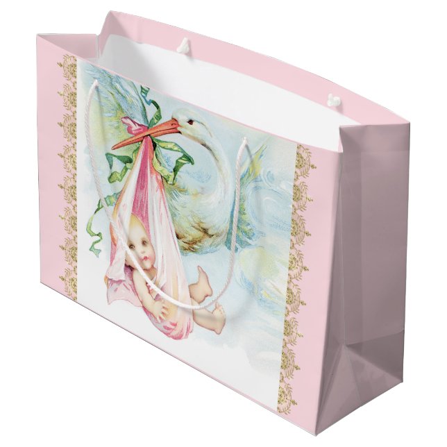 Pink Stork Baby Girl Große Geschenktüte (Rückseite Schrägansicht)