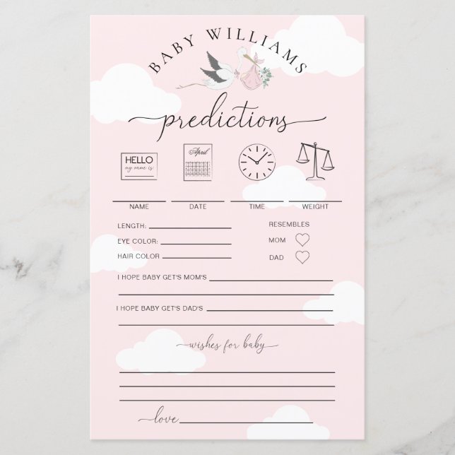 Pink Stork Baby Predictions Game (Vorderseite)