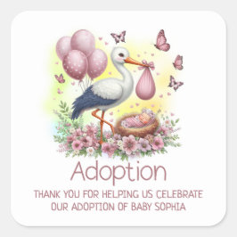 Pink Stork Girl Adoption Kinderdusche Danke Quadratischer Aufkleber