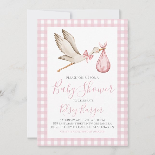 Pink Stork Girl Preppy Southern Baby Dusche Einladung (Vorderseite)