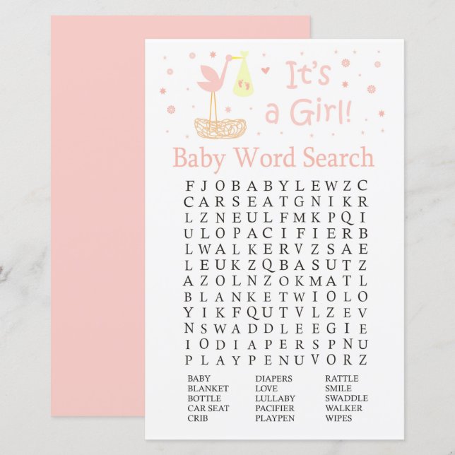 Pink Stork Nest Baby Dusche Word Search Game (Vorne/Hinten)
